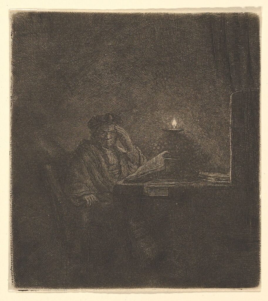 A Rembrandt etching of a solitary scholar hunched over books at a candlelit table, surrounded by darkness, symbolizing the long and isolating journey of research through benzodiazepine withdrawal, PAWS, and BIND.