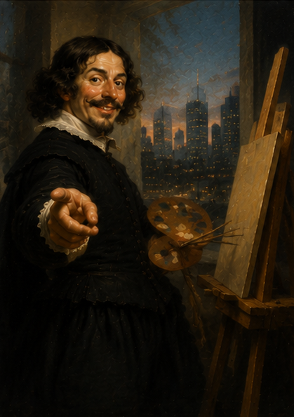 A Velázquez-inspired artist painting beside a modern city skyline, symbolizing sharing a personal recovery story with others.