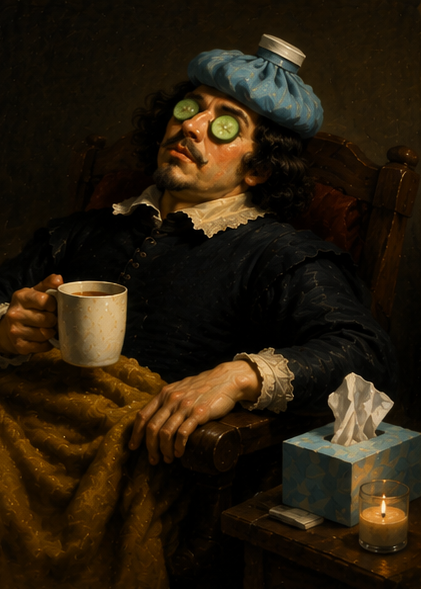 A humorous Baroque-style painting of a tired but hopeful person resting with a coffee and comfort items while recovering.